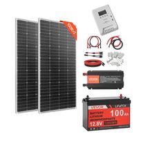 VEVOR 400W 12V pilnas saulės energijos rinkinys, 2 vnt. 200W monokristaliniai saulės kolektoriai + 12.8V 100Ah LiFePO₄ baterija + 40A MPPT įkrovimo valdiklis + 1000W