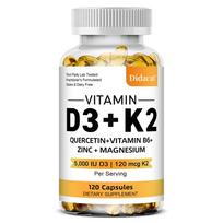 Didacat Vitaminas D3+K2 Maisto papildas, 5000 TV, 120 mcg K2, Kvercetinas, Vitaminas B6, Cinkas ir Magnis, 120 kaps. 120 Capsules