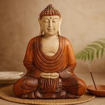 Buddha Statue Hand Carved Wood 30cm Hand Down