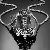 Stainless Steel Vikings Double Axe Necklace Gold Norse Rune Men Hammer Pendant Male Jewelry Gift 60CM gray