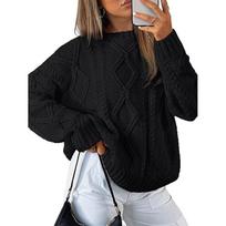 Women's Winter Long-Sleeved Knitted Color Cable Knit Round Neck Pullover Sweater XXL