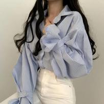 Pavasario Žibintai Rankovės Mėlynos dryžuotos marškinėliai Camisas Blusas Mujer Laisvi laisvalaikio juodi viršutiniai moteriški drabužiai Palaidinės Biuro moteriški marškiniai S