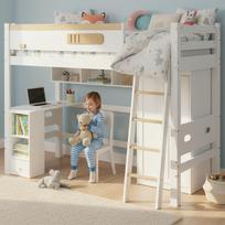 Bunk Bed, with Fall Protection Rail, with Table and Wardrobe, Ample Storage Space, with Four-Step Ladder, Pine+MDF+Plywood, White+Natural, 90x200cm 208 x 144 x 154.5 cm