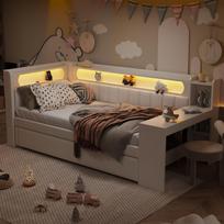 Apmuštas 90x200 dienos lovos su USB prievadais ir LED juosta, su ištraukiama lova ir rašomuoju stalu, balta 237 x 103.5 x 93.5 cm balta
