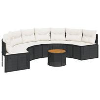 vidaXL Sodo sofa su stalu/pagalvėlėmis, juoda, poliratanas, pusapvalė