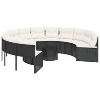 vidaXL Sodo sofa su stalu/pagalvėlėmis, juoda, poliratanas, apvali
