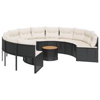 vidaXL Sodo sofa su stalu/pagalvėlėmis, juoda, poliratanas, apvali