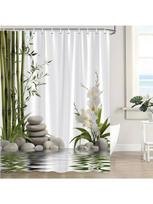 Spa Stone Shower Curtain White Flower Green Leaves Water Spring Floral Plant Japanese Garden Scenery Asian Curtain with Hooks 90x180CM white
