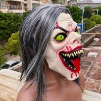 Silver-Haired Female Ghost Mask Halloween cosplay Horror Props Escape Room Funny Latex Headgear Green-eyed, tongue-out, s gray