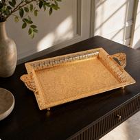 Ornate Peacock Pattern Tray | Reflective Shiny Finish, Embossed Floral Tray, for Coffee Table auksas