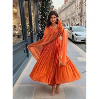ANNI DESIGNER Anarkali Women' Plain Viscose Kurta with Trousers and Dupatta XL oranžinė