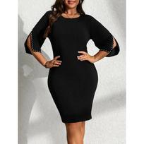 Women's Dress with Pearl Sleeves Decorated Plus-size Knee-length Dress Elegant Crew Neck Design Dress 4XL juoda
