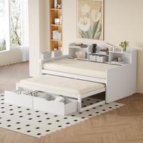 Sofa-lova 90*200, Ištraukiama lova 90*190 su dviem stalčiais, Dideliu daiktų skyriumi ir laikymo krepšiu, USB lizdu, Vienvietė medinė lova, Balta 204.6 x 110 x 100 cm balta