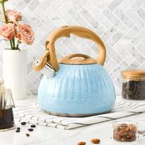 3L Nerūdijančio Plieno Švilpiantis Arbatinukas Su Medine Rankena Mėlynas Dėmėtas Dizainas Modernus Minimalistinis Virtuvės Vandens Puodas Blue beige