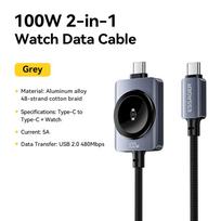 100W Fast Charging 2‑in‑1 Magnetic Charging Cable, Type‑C to Type‑C Cord for iPhone 15 16 17 & Apple Watch Magnetic Wireless Charger pilka