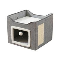 Double Layer Cats Cave Bed with Scratching Pad Foldable Design Space Saving Cats Shelter House for Indoor Habitats gray