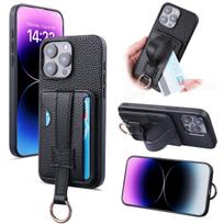 High End TPU+PU Leather Black Case for iPhone 11 13 12 14 15 16e Pro Max Fashion Wrist Strap Ring Grip Card Holder Wallet Sleeve for iPhone 11pro gray