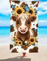 Highland Cow Beach Towel, Microfiber Large Sand Free Quick Dry, Sunflower Butterfly Farm Animal Design, Soft Absorbent 70X140cm  &1pc blue