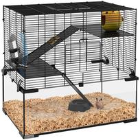 3 aukštų žiurkėno narvas/graužiko narvas su ratukais, rampos, mažas namelis, vandens buteliukas ir maisto dubenėlis, 60I x 40P x 54,5A cm, juodas