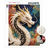 5D Pearl Kit Majestic Dragon Pattern DIY Rhinestone Art Relaxing Handmade Ornament Home Wall Desktop Decoration for Beginners 30x40cm beige