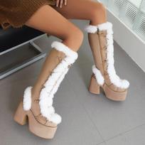 European Station Winter Fur Boots Thick-Soled Thick-Heeled High-Heeled Zipper Leather Boots Women'S Hot Girls Thermal Boots 43 juoda