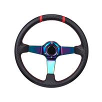 34cm gilios formos automobilio vairas lenktynėms, driftingui, sportui Chromuoti mėlyni stipinai Juodo anglies pluošto išvaizdos odinė rankena black