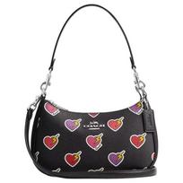 COACH Teri 24 Heart Bolt Print Zip Closure Coated Canvas Underarm Bag Handle Crossbody Shoulder Bag Medium Women's Black juoda