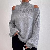 Autumn new solid color off-the-shoulder semi-turtleneck sweater women's loose knitted sweater S povo mėlyna spalva