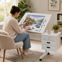 1500 dalių dėlionė metalinis stalo pagrindas suaugusiems dovana su 4 padėklais, 2 stalčiais ir ratukais (baltas) 115 x 64 x 74.5 cm balta