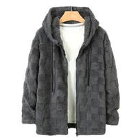 Men Plush Hooded Jacket Fuzzy Full-Zip Casual Hoodie Solid Color Checkered Warm S rožinė