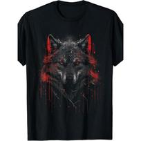 European sizes Men's retro wolf pattern T-shirt-short sleeve T-shirt eye-catching red and black wolf print-four seasons casual outdoor wear S