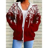 Plus Size Floral Print Zip-Up Hoodie for Women Stylish Comfortable Warm Casual Outerwear with Pockets 4XL black