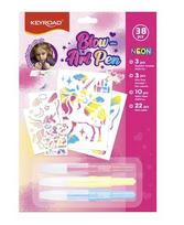 Pučiami flomasteriai Keyroad Blow Art Pen, 3 spalvų, 3 trafaretai, 10 popieriaus lapų, 22 lipdukai
