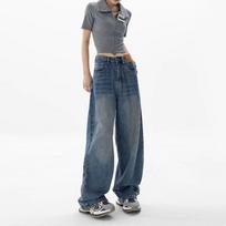 Classic Jeans Women's Straight Loose-leg Skinny Wide-legged Trousers Wash Blue Pants 3XL gray