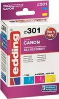 Edding 18-301 (EDD-301) suderinamų rašalo kasečių komplektas Canon CLI-526 spausdintuvams, žydra/purpurinė/geltona
