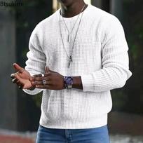 Men's Waffle T-Shirt Solid Loose Casual O-neck Pullover Tops Spring Autumn Long Sleeve Sweatshirt L