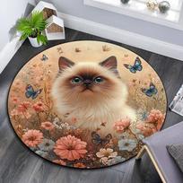 Floral Cat Round Area Rug,Carpet Rug for Living Room Bedroom Sofa Playroom Decor,Non-slip Floor Mat 80cmx80cm gray