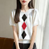 Contrasting Color Herringbone Short-sleeved Knit Top for Women - Summer Round-neck T-shirt with A School-style Design L pilka spalva