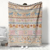 Bohemiškas žirgų rašto flanelinis pledas, Etninis tribališkas dryžuotas užtiesalas, Minkštas ir jaukus boho namų dekorui, Šilta dovana sofai/lovai 75x90cm beige