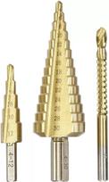 kwb 525890 pakopinių grąžtų rinkinys su frezavimo grąžtu, 3 vnt., 4-12 mm / 4-30 mm / 6 mm, HSS TiN