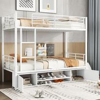 Iron Frame Bed, Bunk Bed, Open Shoe Cabinet, Double-Door Small Storage, For Children and Teenagers, with Side Ladder, with Guardrail, White, 90x200cm 205 x 95 x 156.5 cm balta