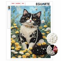 DIY Framed Pearl Bead Art Kit Black Tuxedo Cat In Yellow Flower Meadow Sparkling Canvas Painting Relaxing Handmade Craft Gift Home Decor Set 40x50cm Without frame gray