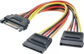 Maitinimo Y-Adapteris Renkforce 1× SATA maitinimo kištukas 15‑kontaktis į 2× SATA maitinimo lizdus 15‑kontakčius, 0,15 m, juoda/raudona/geltona