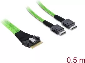Vidinis PCIe 4.0 kabelis DELOCK Slim SAS SFF-8654 8i į 2× OCuLink SFF-8611 4i 0,5 m