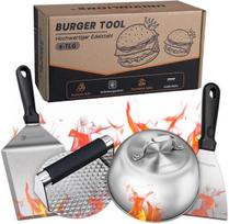 Smash burger rinkinys, profesionalus burgerių smulkintuvas su smash burger presu, burgerių varpelis, didelė grilio mentelė ir spatula, nerūdijančio plieno 4 dalių grilio priedai paplotėliams, teppanyaki