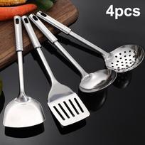 4 Pcs Durable Stainless Steel Wok Spatula Long Handle Kitchen Gadgets Kitchen Cooking Utensil Set Rice Spoon Ladle Cooking Tools 4 Pcs black