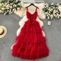 Premium yarn backless sweet fungus edge suspender slim long pendulum fairy mesh irregular dress One size fits all bordinė