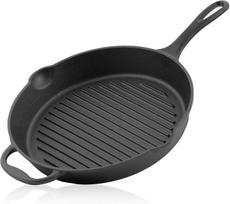 Bbq-toro keptuvė iš ketaus, skersmuo 34 cm, ketaus keptuvė-grilis su rankena, rankena ir dviem snapeliais, briaunota, ketaus keptuvė-grilis, bbq keptuvė, orkaitės keptuvė, ketaus keptuvė