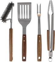 Kepsninės įrankių rinkinys 4 dalių nerūdijančio plieno grilio rinkinys 42 cm su medinėmis rankenomis ir pakabinimo kilpomis kepsninės priedai, susidedantys iš kepsninės žnyplių, grilio šepečio, grilio mentelės ir