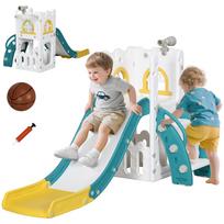 5-in-1 Children's Slide with Basketball Hoop, Telescope, Climber, and Lower Basket for Indoor Use (Yellow and Green)